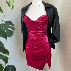 Fuchsia velvet ruched mini dress